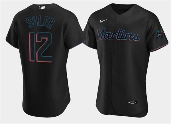 Men's Miami Marlins #12 Jorge Soler Black Flex Base Stitched Jersey